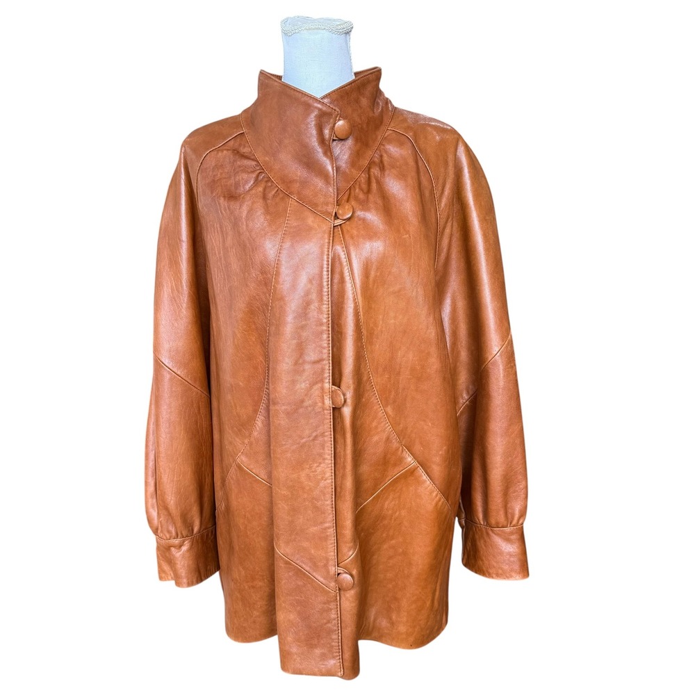 Friitala Finland Vintage Cognac Brown Leather Funnel Neck Car Coat Jacket 14 L
